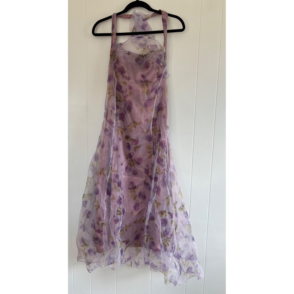 TCCX Floral Mesh Midi Dress Lace Up Back Fairycore Whimsigoth Sheer Overlay L - Picture 2 of 11